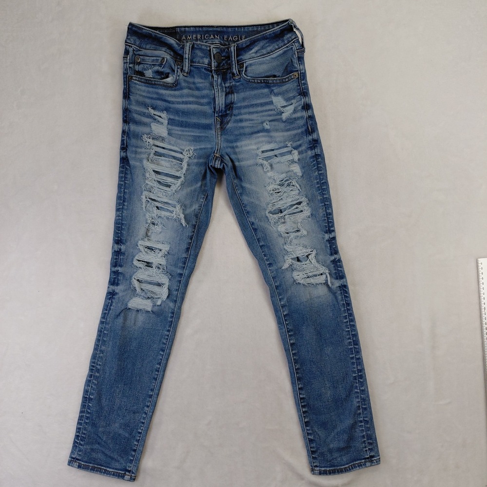 American Eagle Airflex 360 Distressed Skinny Jeans Blue 28x28 Mens Ripped Denim